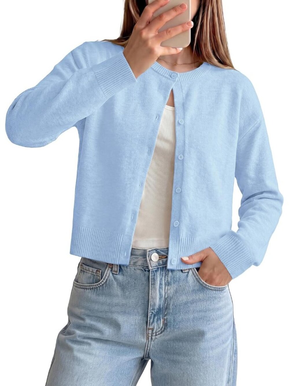 🆕Women Light Blue Cropped Knit Cardigan Sweater Crew Neck Button Front Jacket